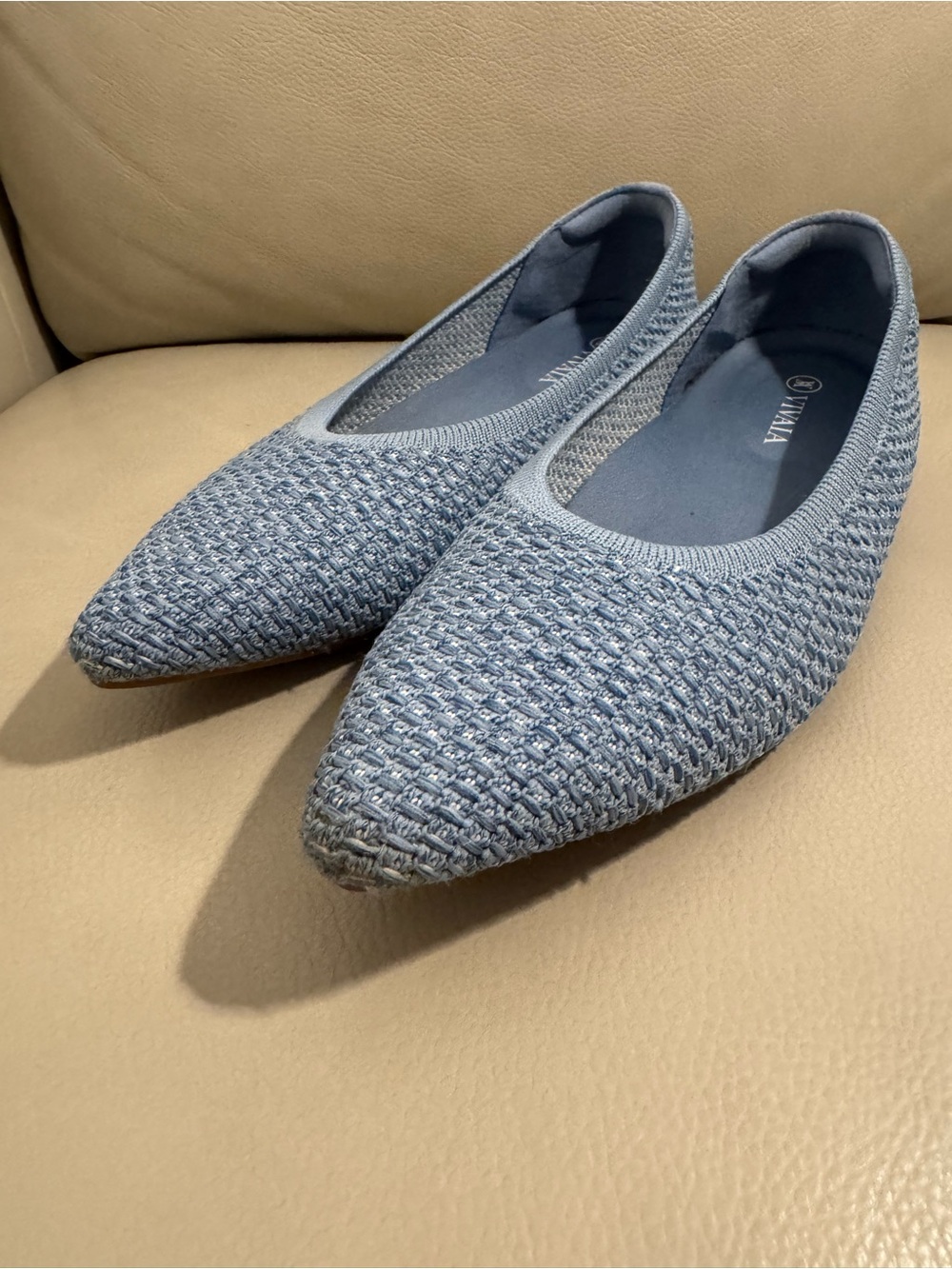 Light Blue Knit Pointed Ballet Flat by Vivaia